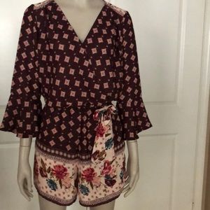 Xhileration Floral Bell Sleeve Belted Romper